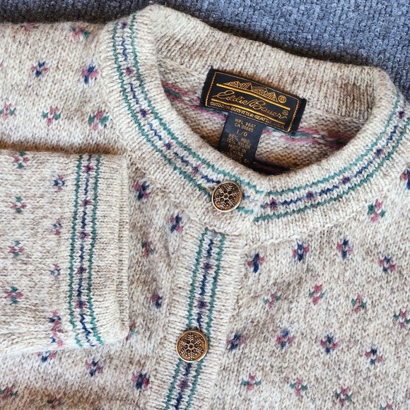 vintage Eddie Bauer Wool Blend Cardigan Sweater Fair Isle Nordic Style Large - Picture 1 of 7